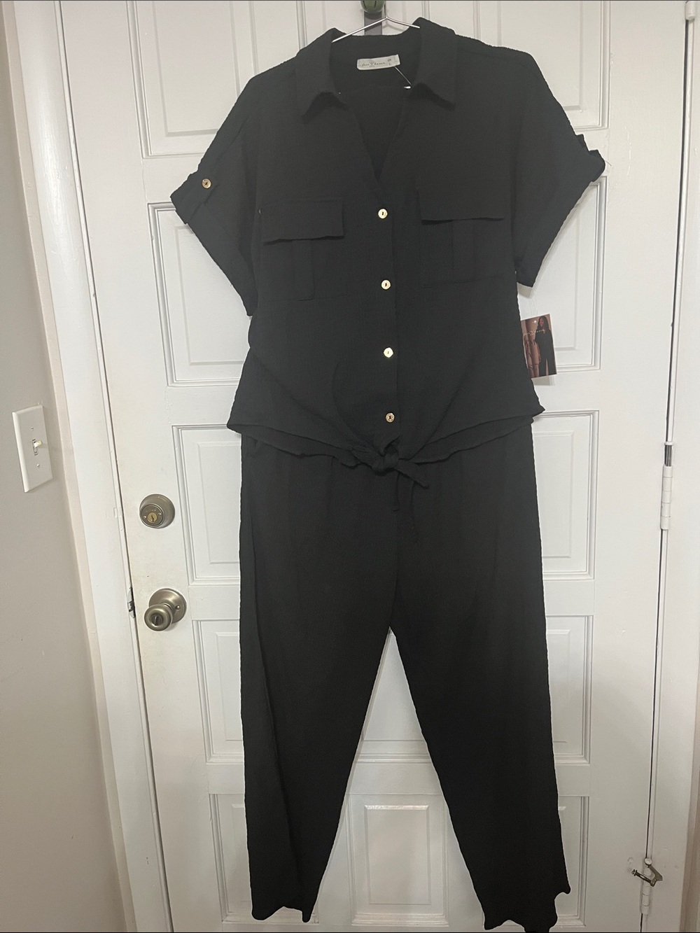 Black Short-Sleeve Button Front Jumpsuit with Tie Waist
